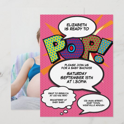 Invitation Prêt à faire du Baby shower rose Bande dessinée Ph (Devant / Derrière)