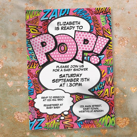 Invitation Prêt à pop Baby shower Comic Book Fun Pink