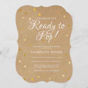 Invitation Prêt À Pop Gold Hearts Baby shower Rustic Kraft