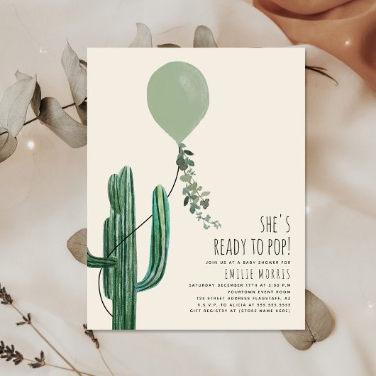 Invitation Prêt pour la pop Balloon Cactus Baby shower vert