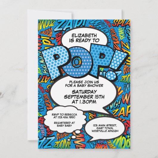 Invitation Prêt pour pop Baby shower Comic Book Fun Blue (Devant)