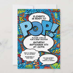 Invitation Prêt pour pop Baby shower Comic Book Fun Blue