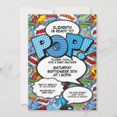 Invitation Prêt pour Pop Baby shower Comic Book Modern Blue (Devant)