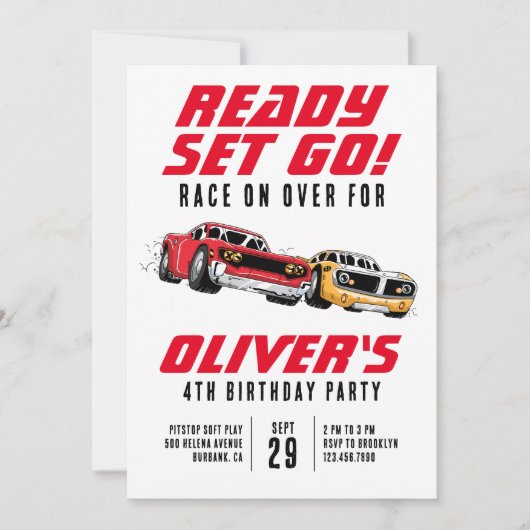 Invitation Prêt ! Voitures fête d'anniversaire (Devant)
