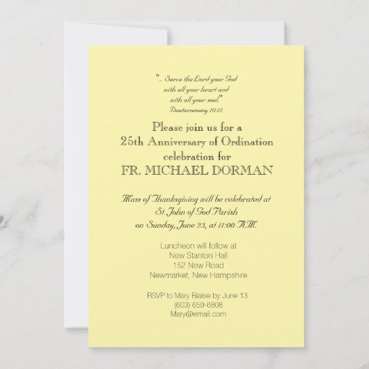Invitation Prêtre 25e anniversaire d'ordination (Dos)