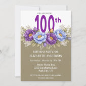 Invitation Pretty Blue and Purple Peony 100th Birthday (Devant)