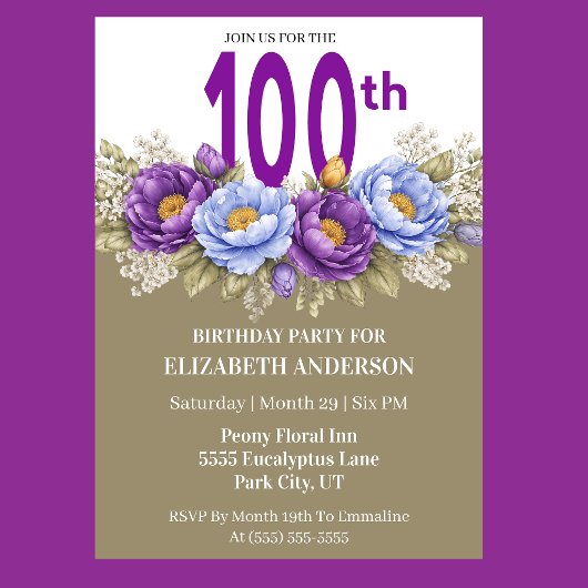 Invitation Pretty Blue and Purple Peony 100th Birthday