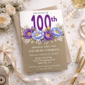 Invitation Pretty Blue and Purple Peony 100th Birthday