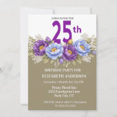 Invitation Pretty Blue and Purple Peony 25th Birthday (Devant)