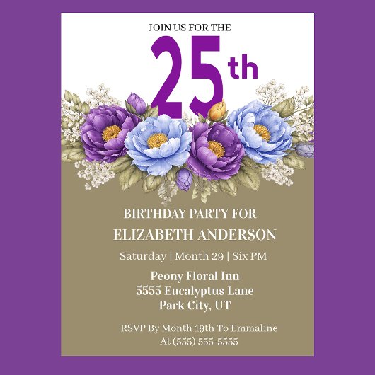 Invitation Pretty Blue and Purple Peony 25th Birthday