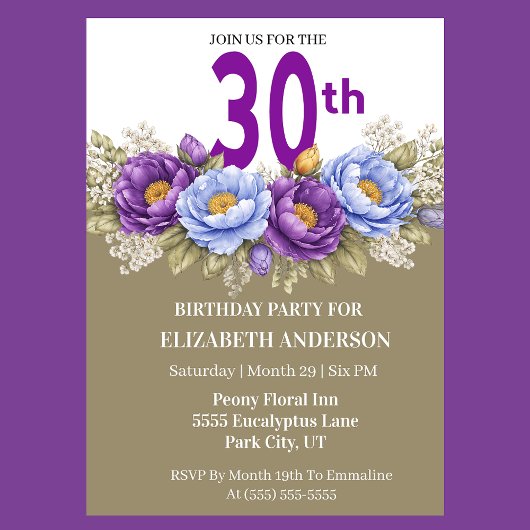 Invitation Pretty Blue and Purple Peony 30th Birthday