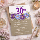 Invitation Pretty Blue and Purple Peony 30th Birthday