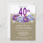 Invitation Pretty Blue and Purple Peony 40th Birthday (Devant)
