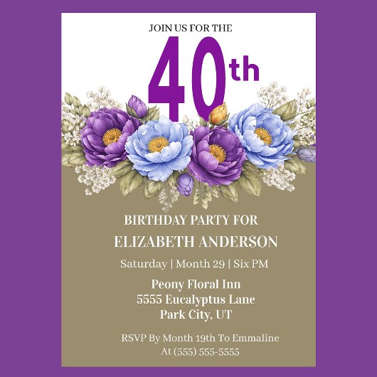 Invitation Pretty Blue and Purple Peony 40th Birthday
