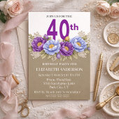 Invitation Pretty Blue and Purple Peony 40th Birthday