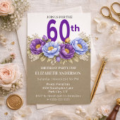Invitation Pretty Blue and Purple Peony 60th Birthday