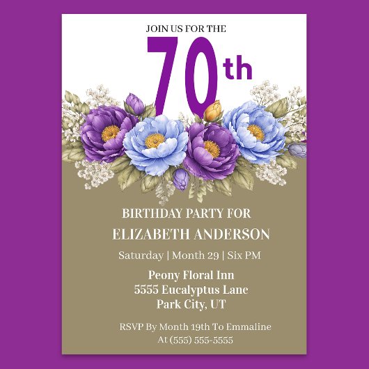 Invitation Pretty Blue and Purple Peony 70th Birthday