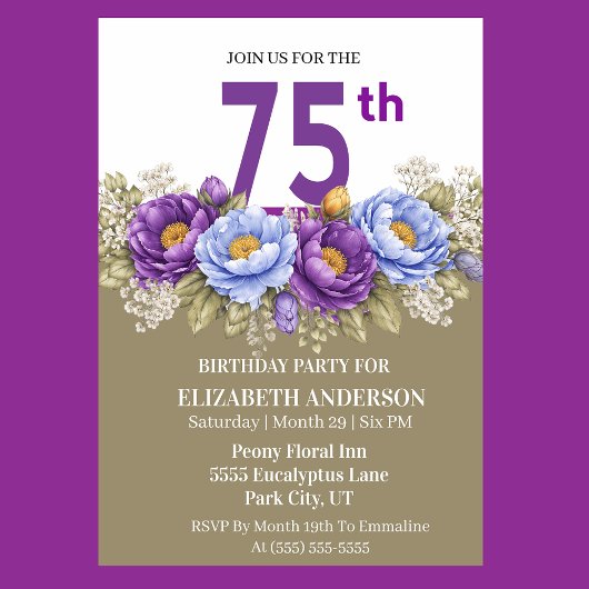 Invitation Pretty Blue and Purple Peony 75th Birthday