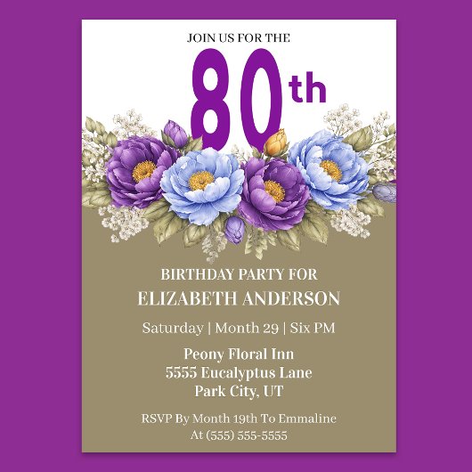 Invitation Pretty Blue and Purple Peony 80th Birthday