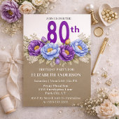 Invitation Pretty Blue and Purple Peony 80th Birthday