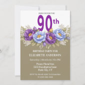 Invitation Pretty Blue and Purple Peony 90th Birthday (Devant)