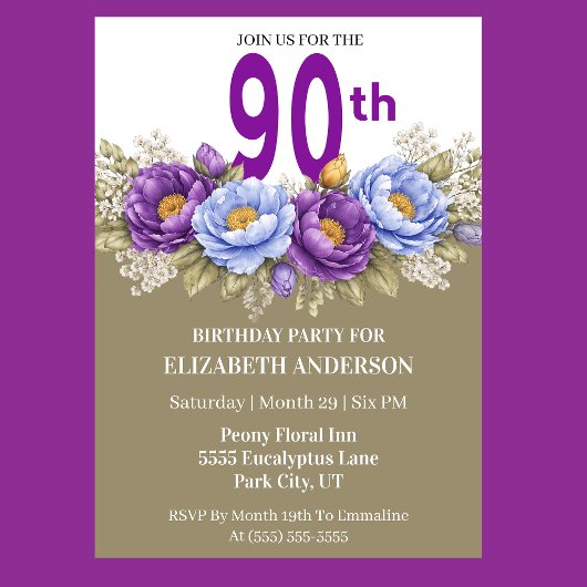Invitation Pretty Blue and Purple Peony 90th Birthday