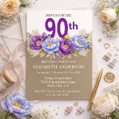 Invitation Pretty Blue and Purple Peony 90th Birthday