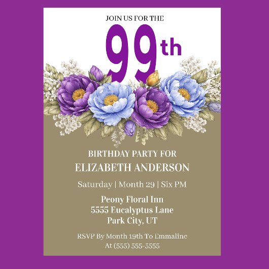 Invitation Pretty Blue and Purple Peony 99th Birthday