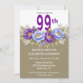 Invitation Pretty Blue and Purple Peony 99th Birthday (Devant)