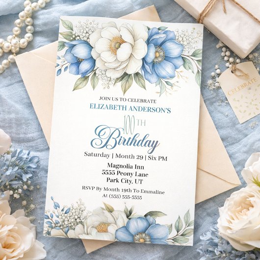 Invitation Pretty Blue Magnolia and Peony 100th Birthday
