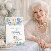 Invitation Pretty Blue Magnolia and Peony 100th Birthday