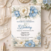 Invitation Pretty Blue Magnolia and Peony 30th Birthday