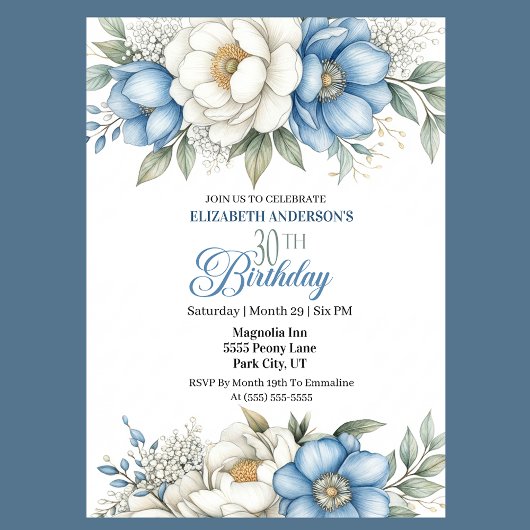 Invitation Pretty Blue Magnolia and Peony 30th Birthday