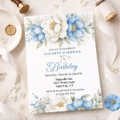 Invitation Pretty Blue Magnolia and Peony 75th Birthday