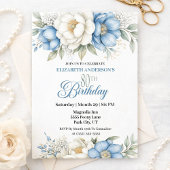 Invitation Pretty Blue Magnolia and Peony 80th Birthday