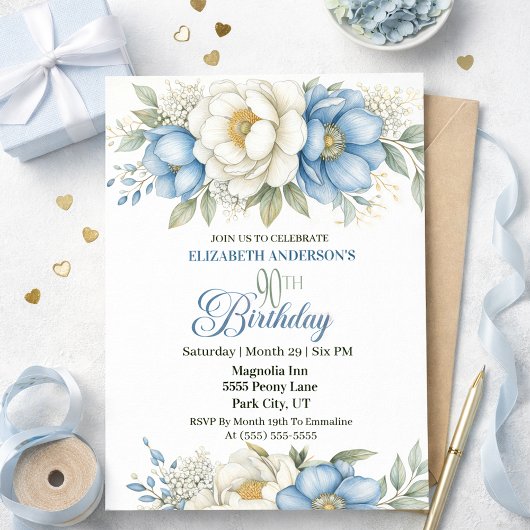 Invitation Pretty Blue Magnolia and Peony 90th Birthday