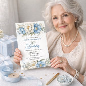 Invitation Pretty Blue Magnolia and Peony 90th Birthday