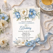Invitation Pretty Blue Magnolia and Peony 98th Birthday