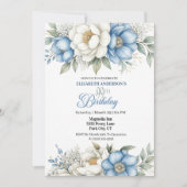 Invitation Pretty Blue Magnolia and Peony 99th Birthday (Devant)