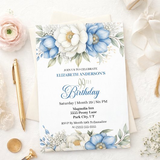 Invitation Pretty Blue Magnolia and Peony 99th Birthday