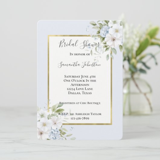 Invitation Pretty Blue White Floral Bridal Shower (Debout devant)