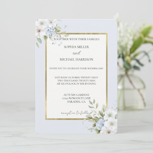 Invitation Pretty Blue White Floral Wedding (Debout devant)