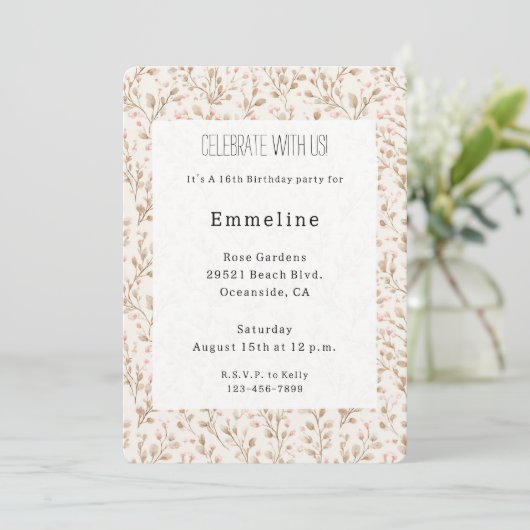 Invitation Pretty Blush Pink Cream Floral Birthday (Debout devant)