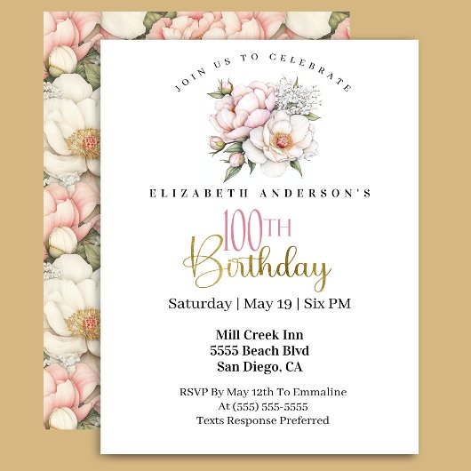 Invitation Pretty Blush Pink Peony Floral 100th Birthday