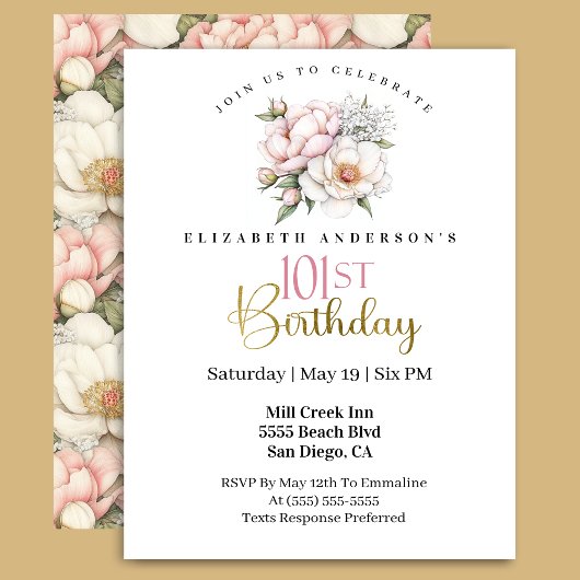 Invitation Pretty Blush Pink Peony Floral 101st Birthday