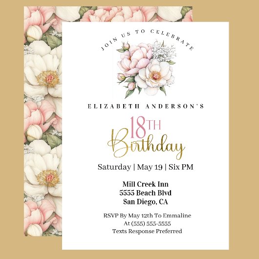 Invitation Pretty Blush Pink Peony Floral 18th Birthday