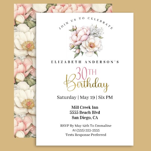 Invitation Pretty Blush Pink Peony Floral 30th Birthday