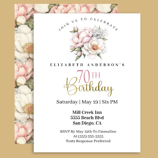 Invitation Pretty Blush Pink Peony Floral 70th Birthday