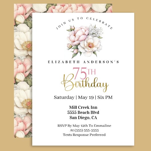 Invitation Pretty Blush Pink Peony Floral 75th Birthday