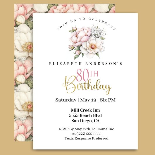 Invitation Pretty Blush Pink Peony Floral 80th Birthday